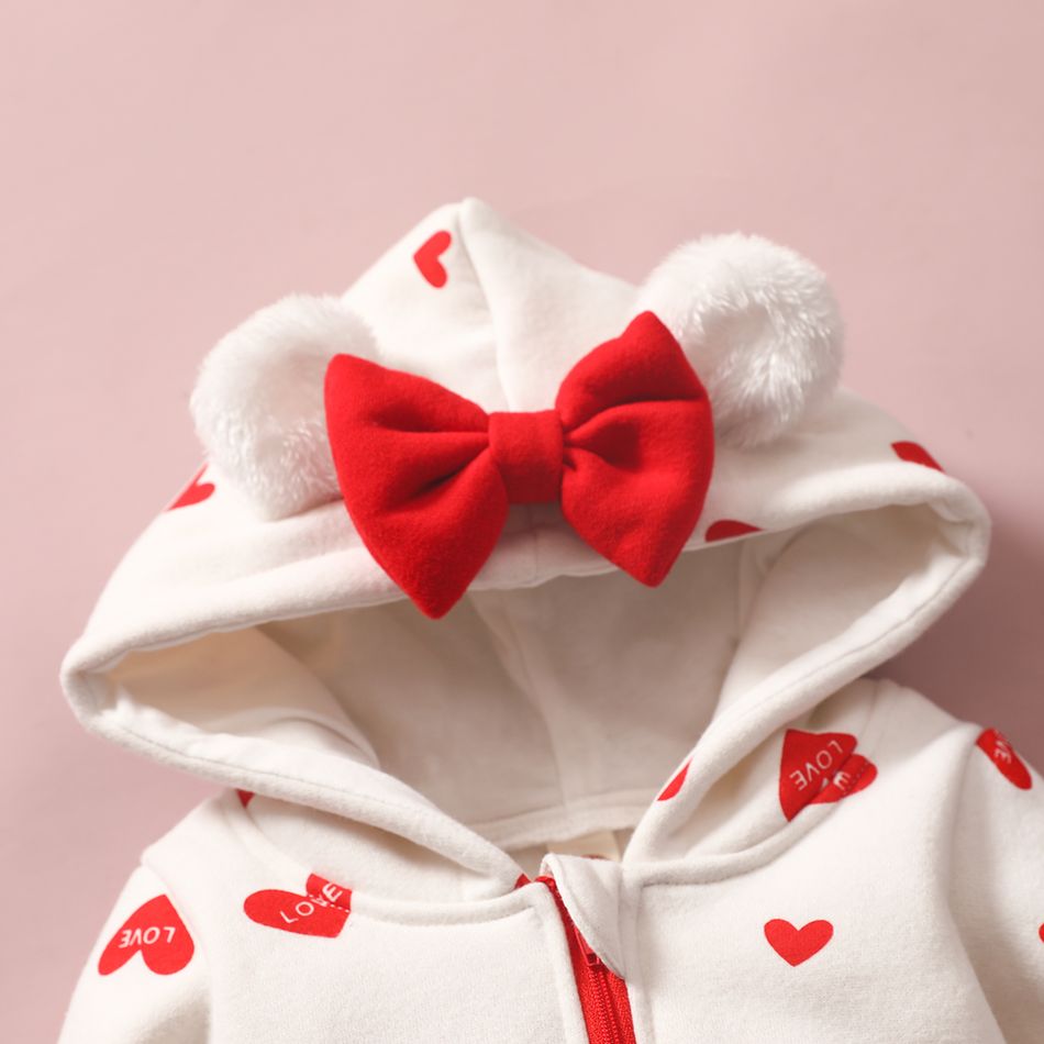 Heart or Strawberry Allover 3D Ear Decor Hooded Long-sleeve Baby Jumpsuit White big image 4