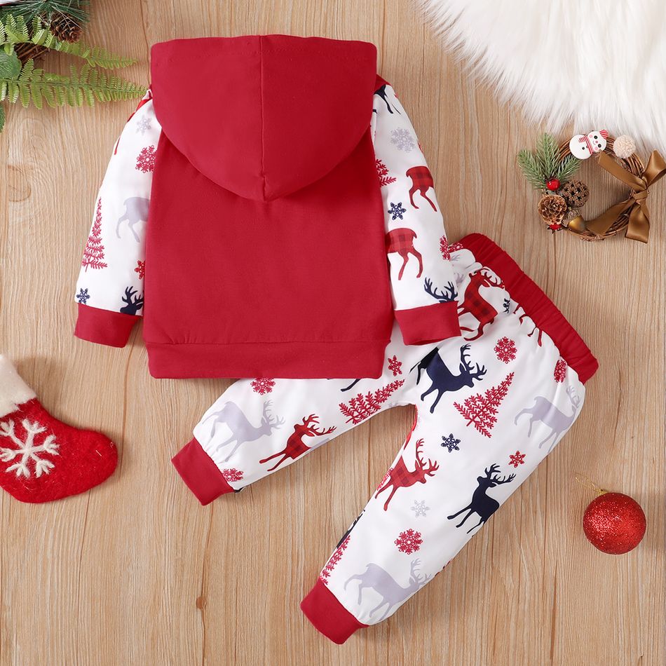 Christmas 2pcs Reindeer and Letter Print Baby Long-sleeve Hooded Sweatshirt Set Red