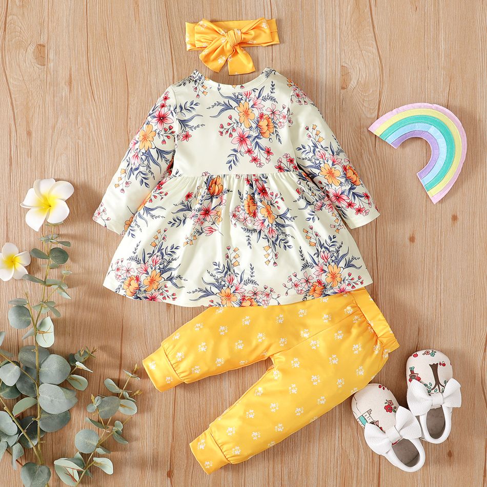 Baby 3pcs Floral Print White Long-sleeve Dress and Solid Trouser Set Yellow big image 2
