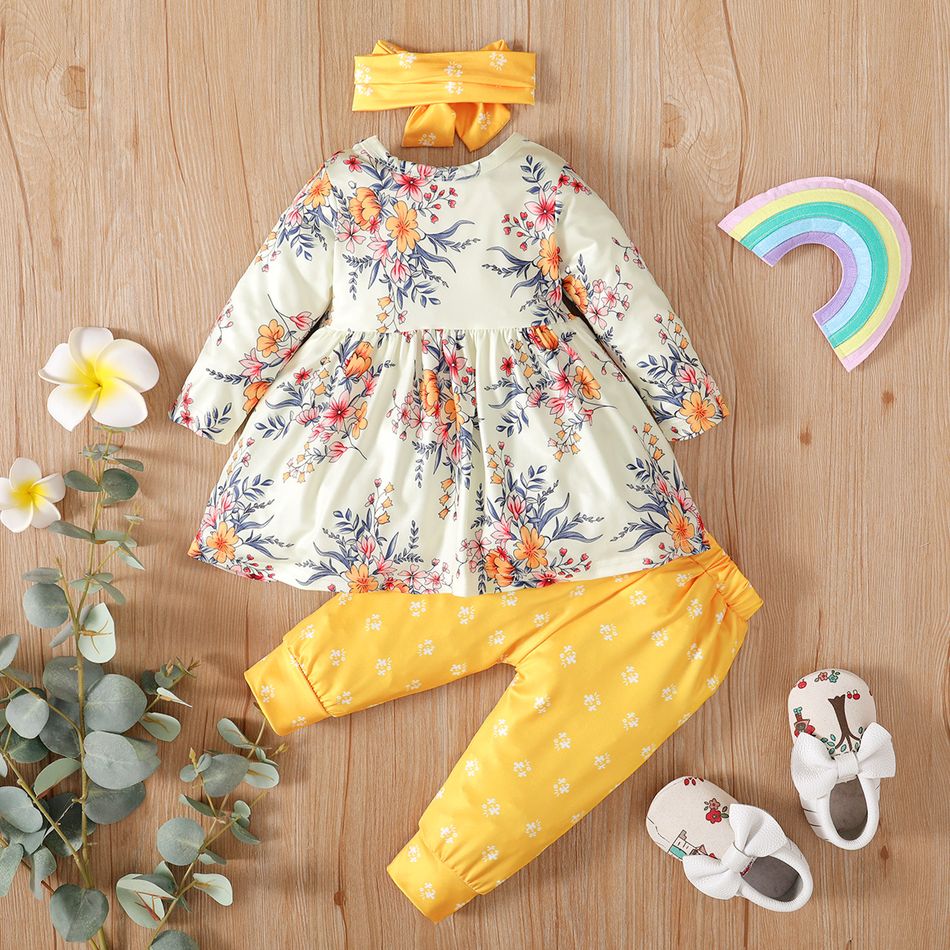 Baby 3pcs Floral Print White Long-sleeve Dress and Solid Trouser Set Yellow big image 3