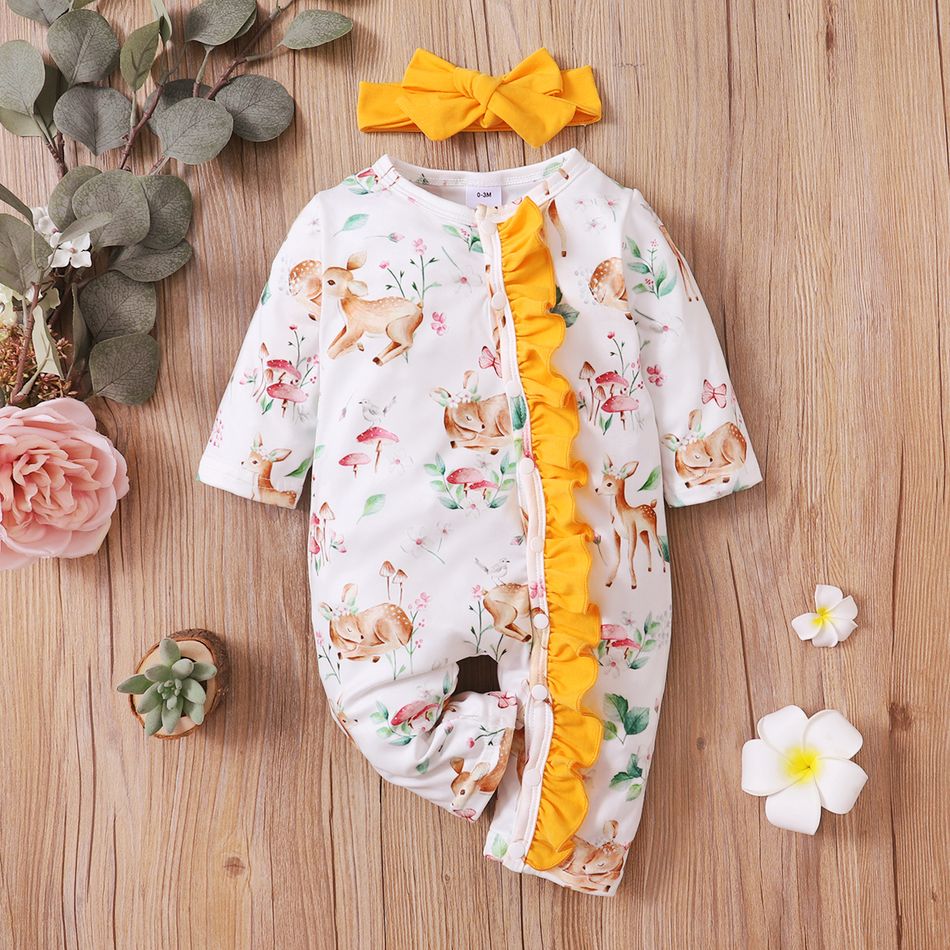 2pcs All Over Deer and Plant Print Long-sleeve Ruffle Snap-up Baby Jumpsuit Set White