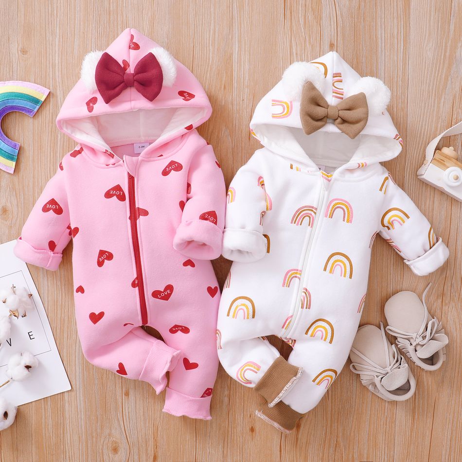 Heart or Strawberry Allover 3D Ear Decor Hooded Long-sleeve Baby Jumpsuit White big image 8