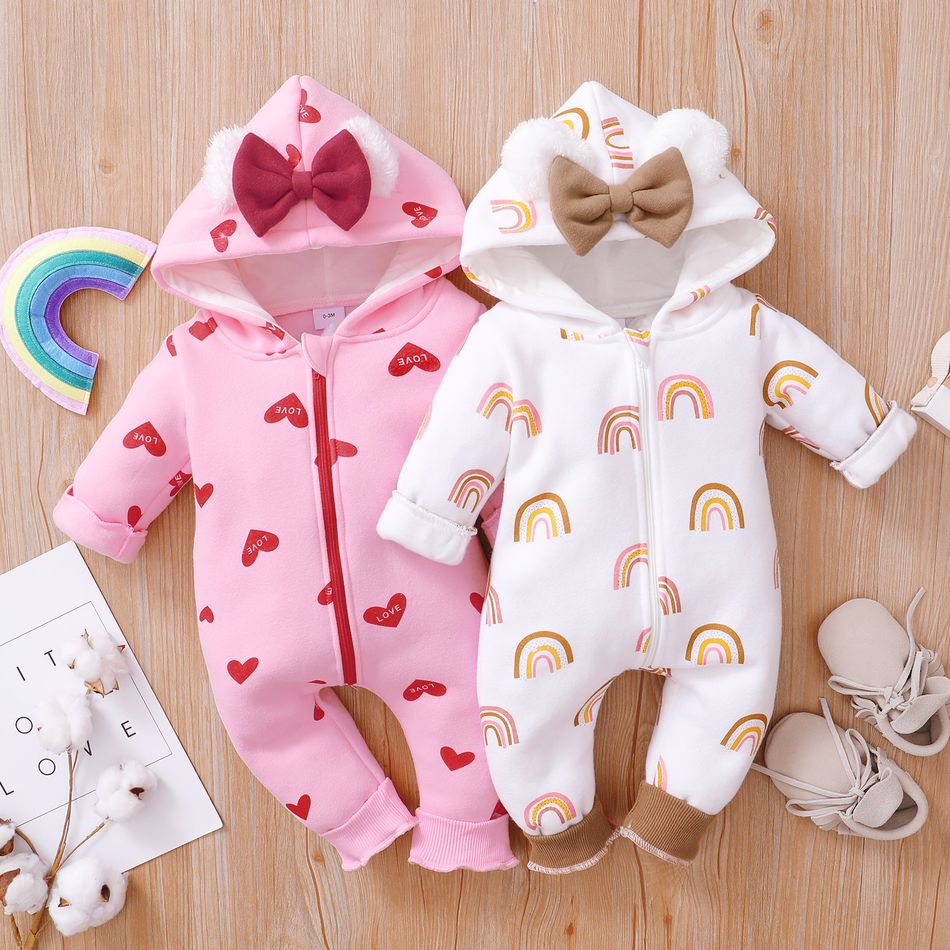 Heart or Strawberry Allover 3D Ear Decor Hooded Long-sleeve Baby Jumpsuit White
