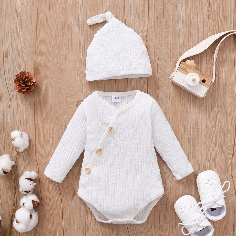 2pcs Baby Solid Knitted Long-sleeve Romper with Hat Set White