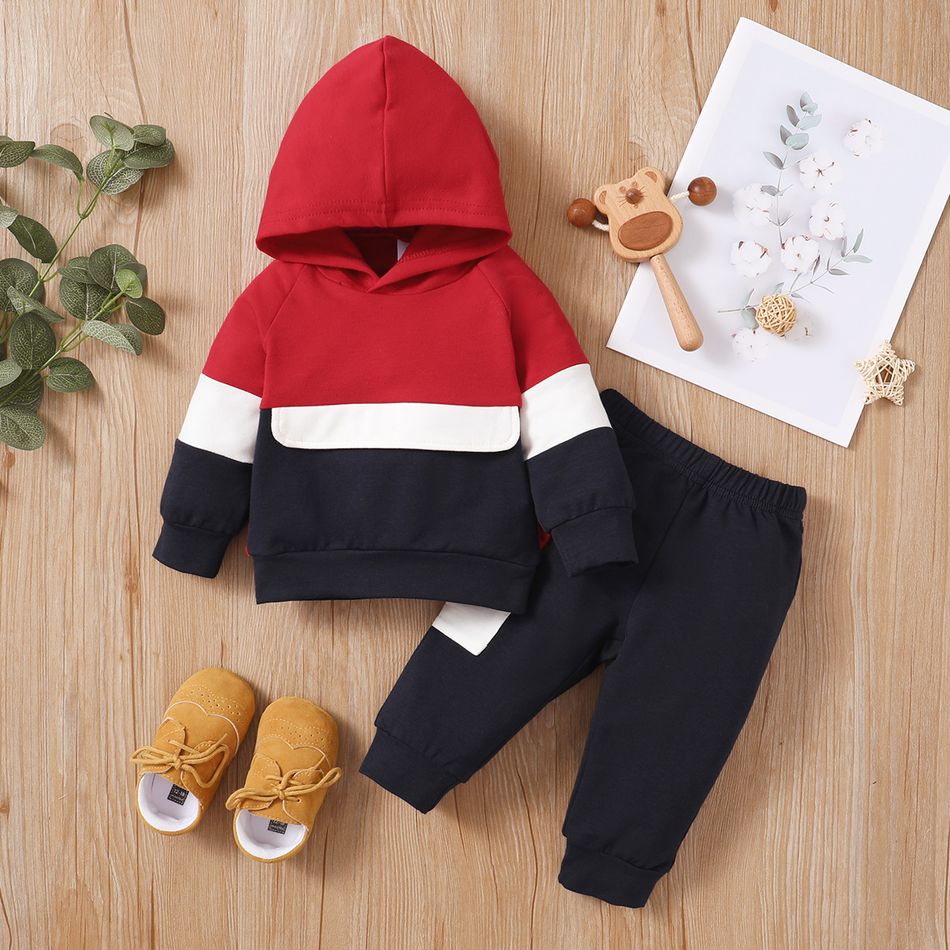 2pcs Baby Color Block Long-sleeve Hoodie and Trousers Set Red