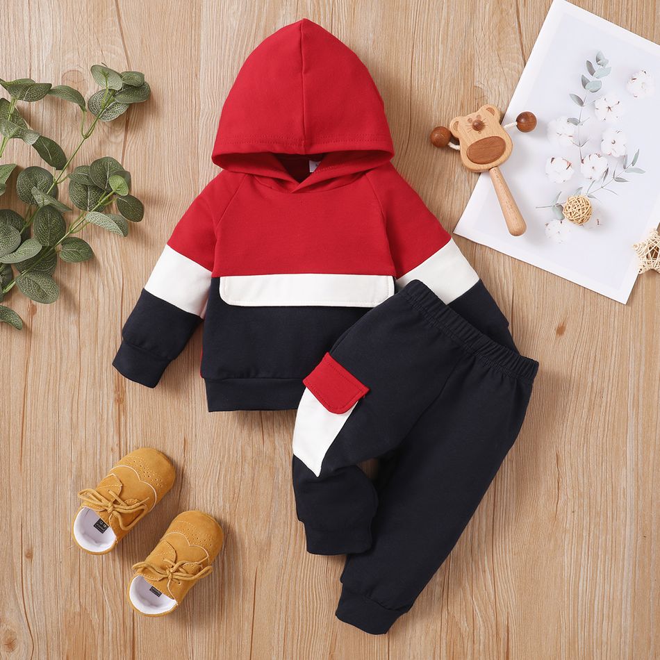 2pcs Baby Color Block Long-sleeve Hoodie and Trousers Set Red big image 2