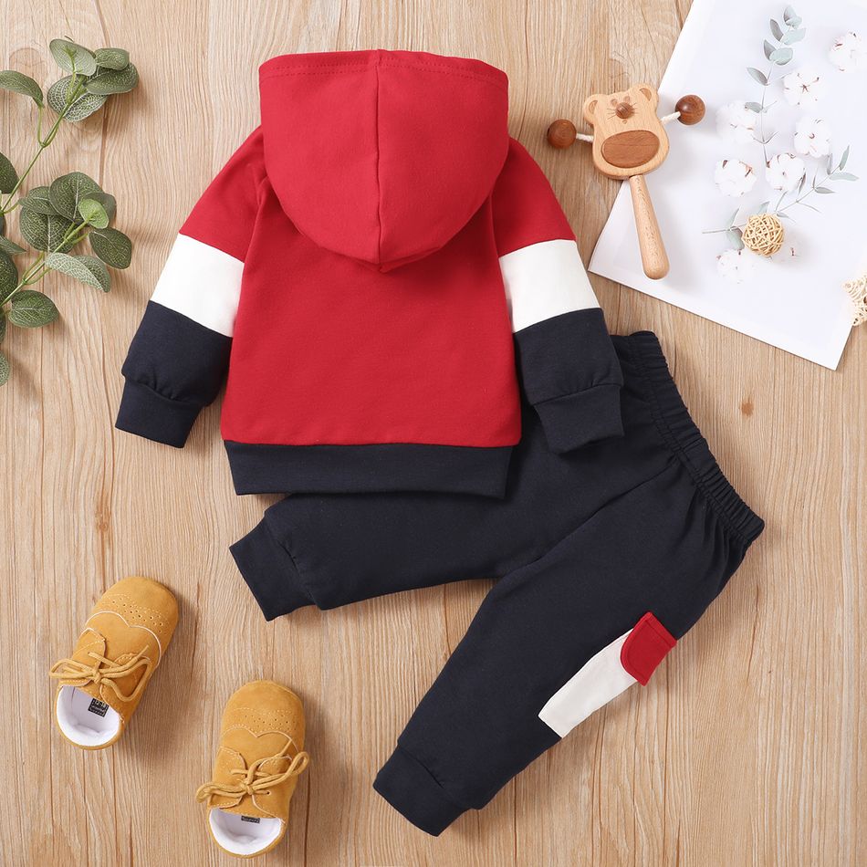 2pcs Baby Color Block Long-sleeve Hoodie and Trousers Set Red big image 3