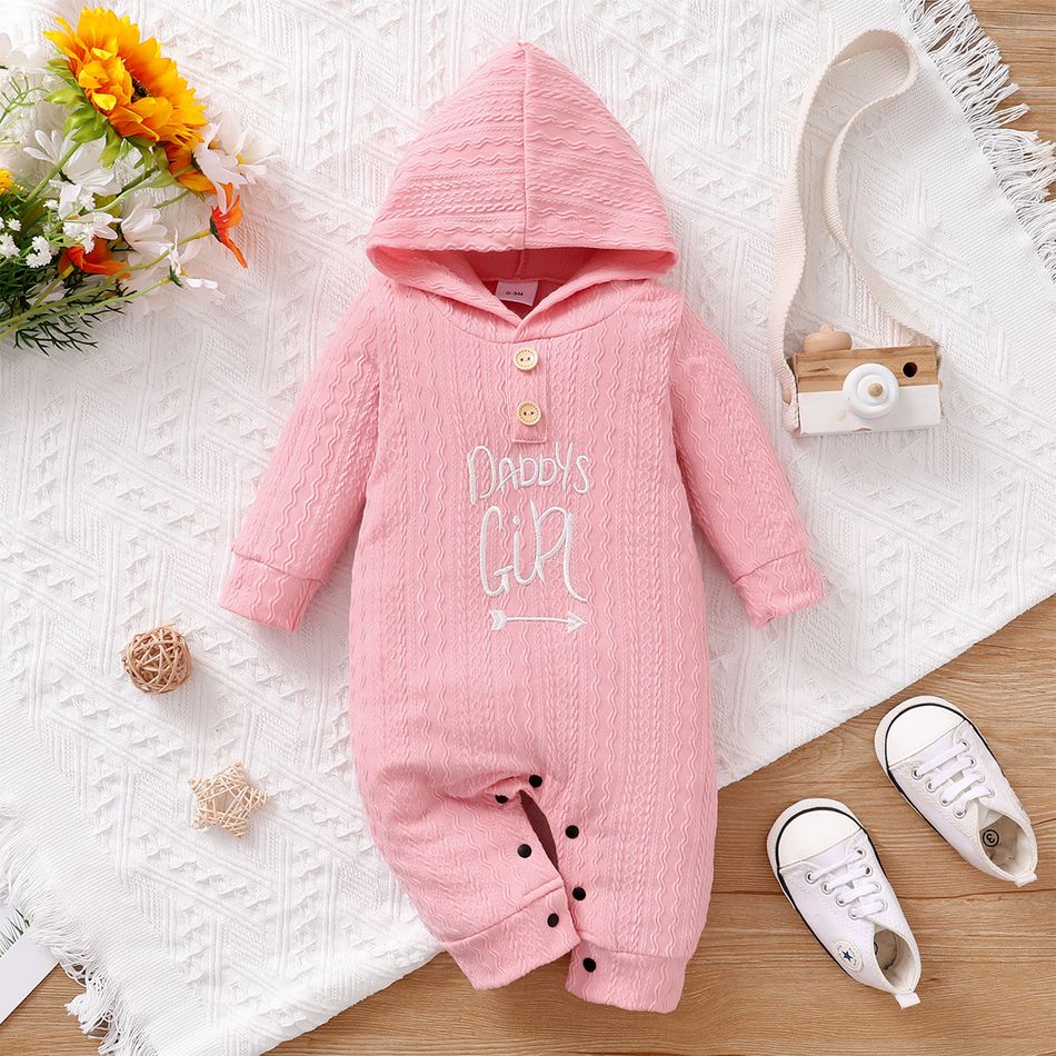 Baby Boy/Girl Letter Embroidered Solid Cable Knit Long-sleeve Hooded Jumpsuit Pink big image 1