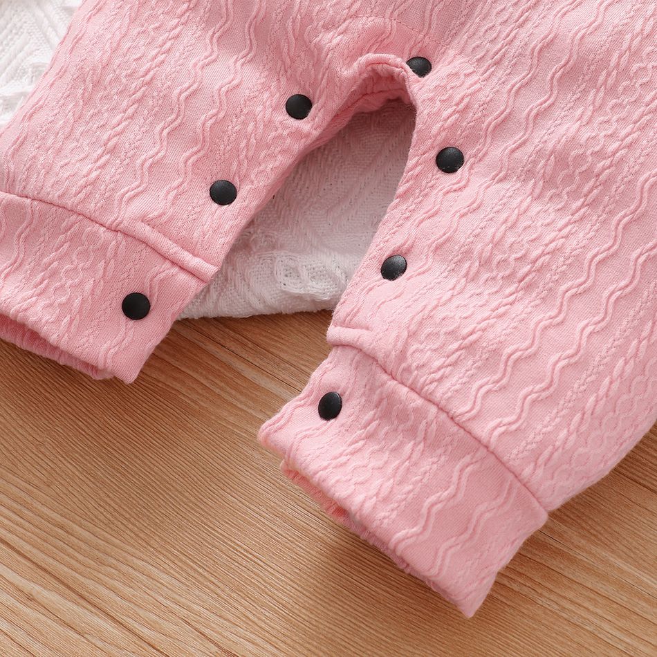 Baby Boy/Girl Letter Embroidered Solid Cable Knit Long-sleeve Hooded Jumpsuit Pink big image 5