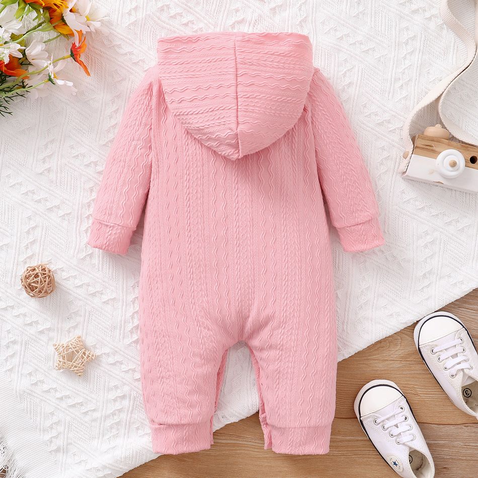 Baby Boy/Girl Letter Embroidered Solid Cable Knit Long-sleeve Hooded Jumpsuit Pink big image 6