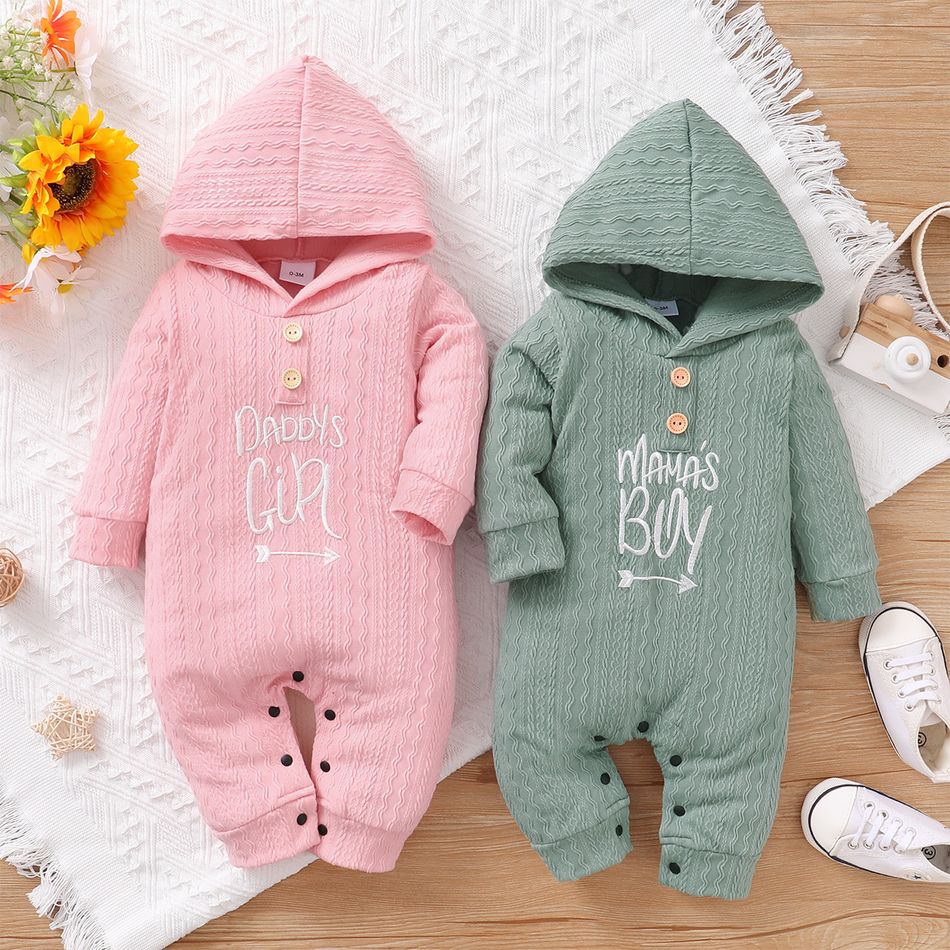 Baby Boy/Girl Letter Embroidered Solid Cable Knit Long-sleeve Hooded Jumpsuit Pink big image 8