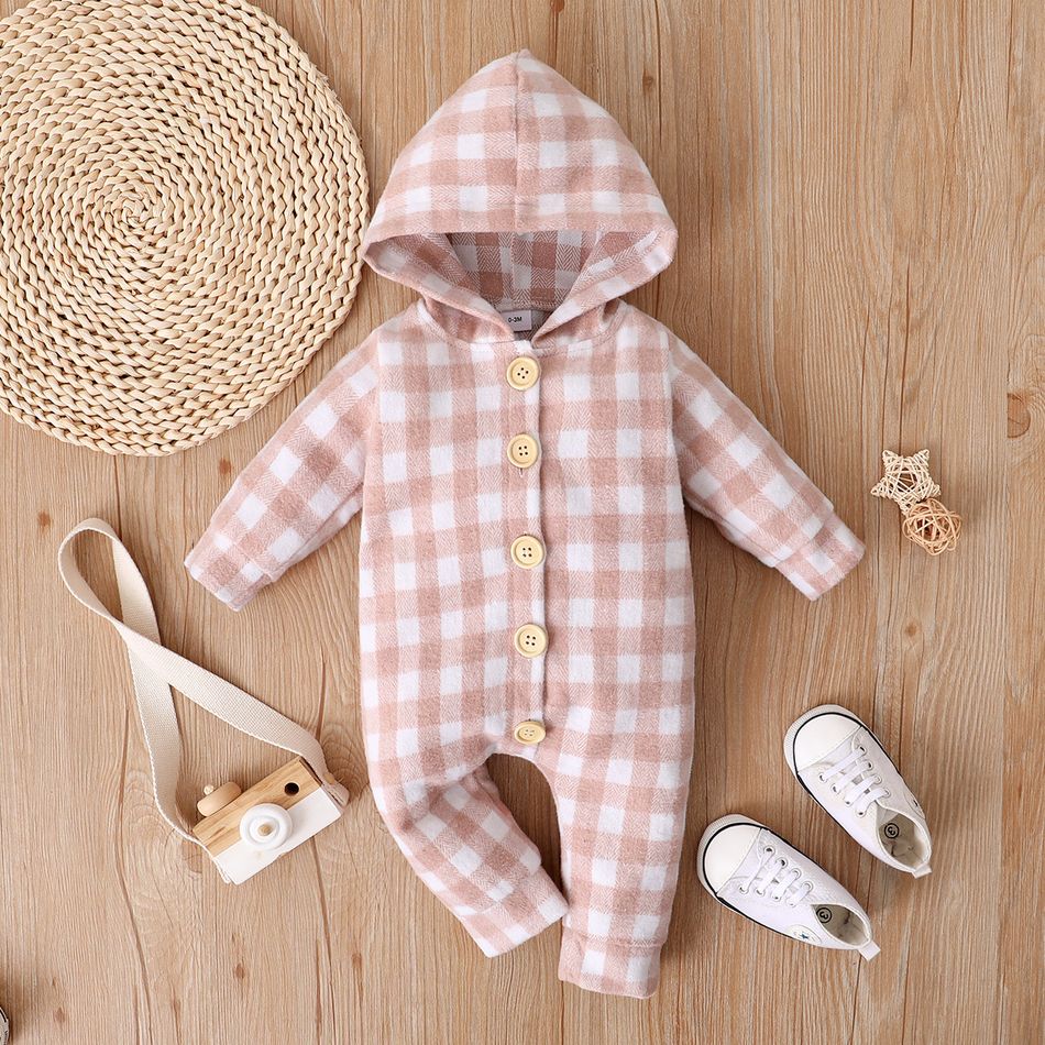 Baby Girl/Boy Plaid Button Design Hooded Long-sleeve Jumpsuit Light Pink