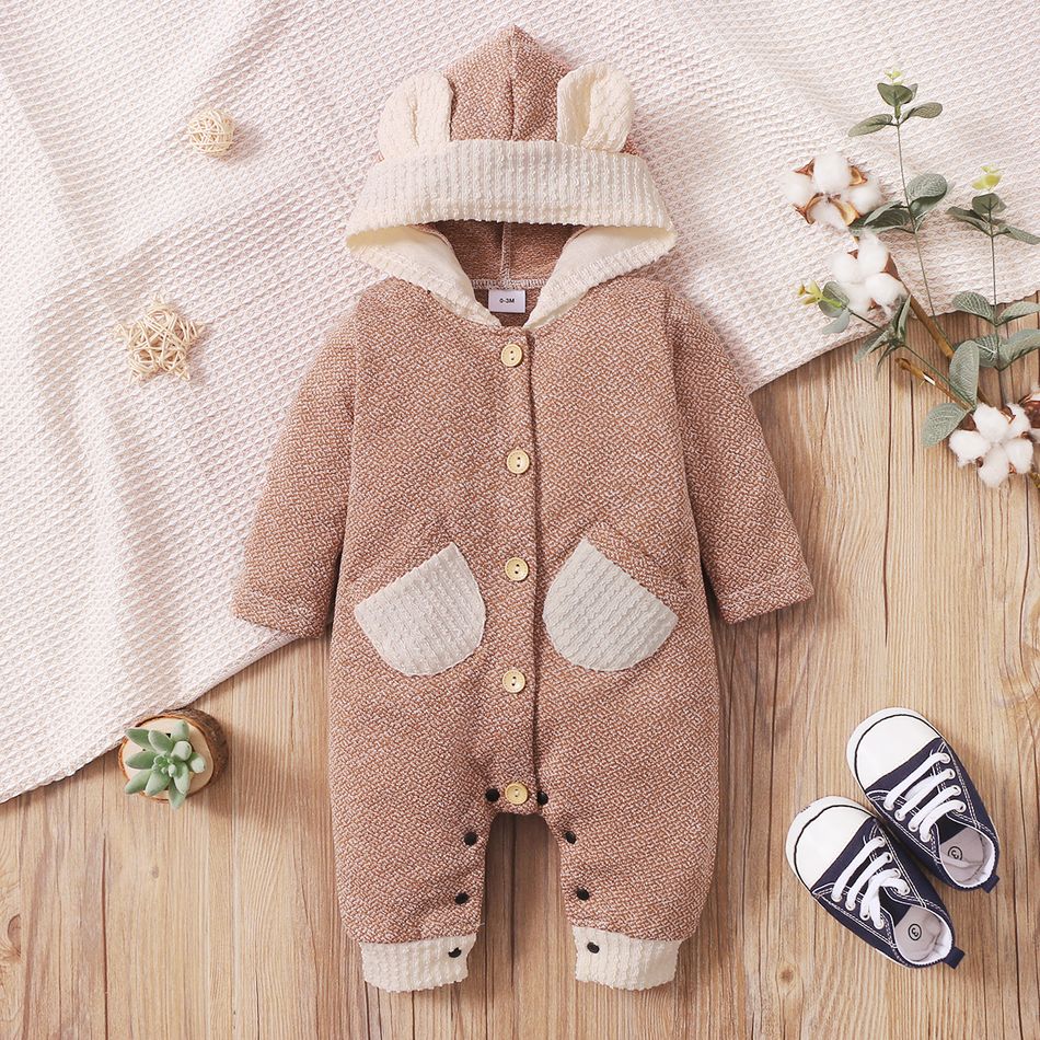 Baby Boy/Boy Heathered Knit Button Down 3D Ears Hooded Jumpsuit Brown big image 2