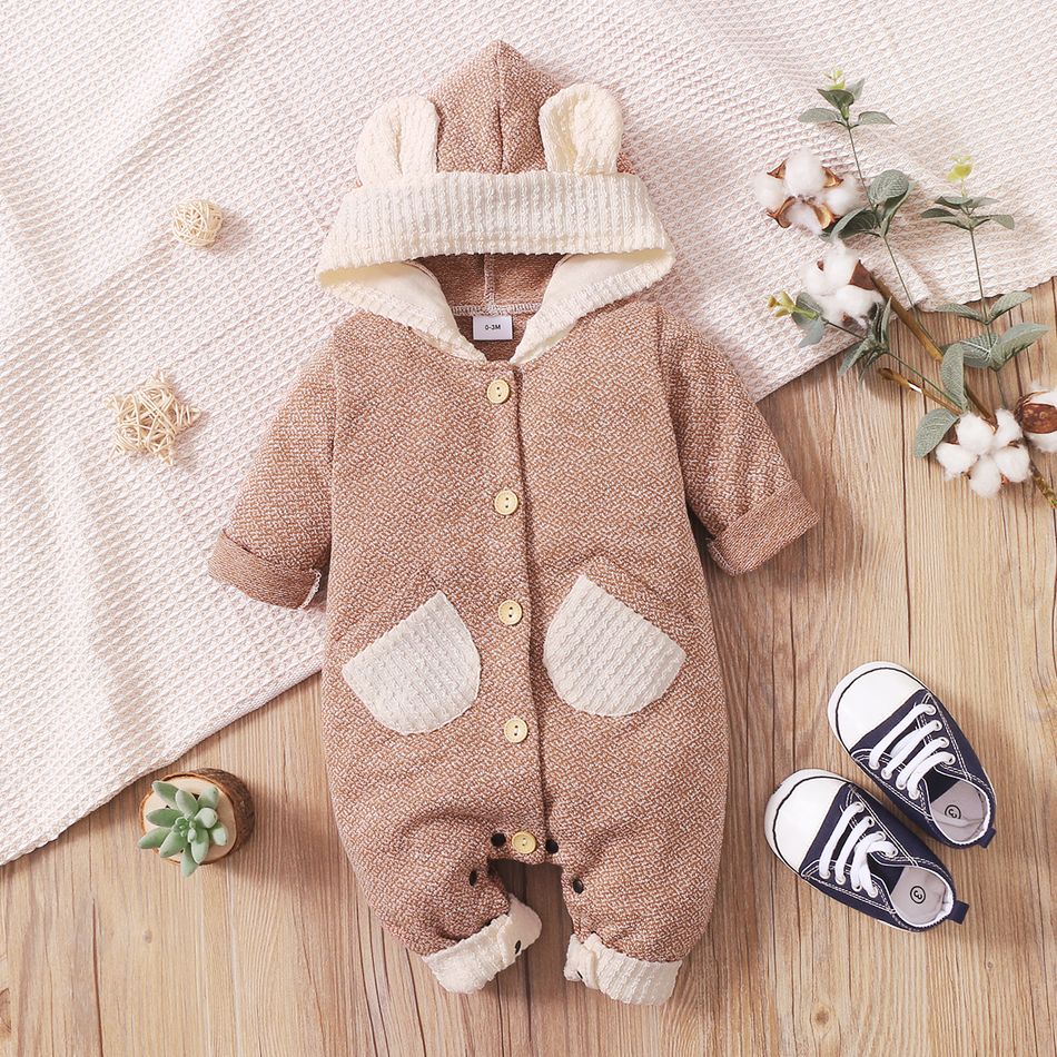 Baby Boy/Boy Heathered Knit Button Down 3D Ears Hooded Jumpsuit Brown
