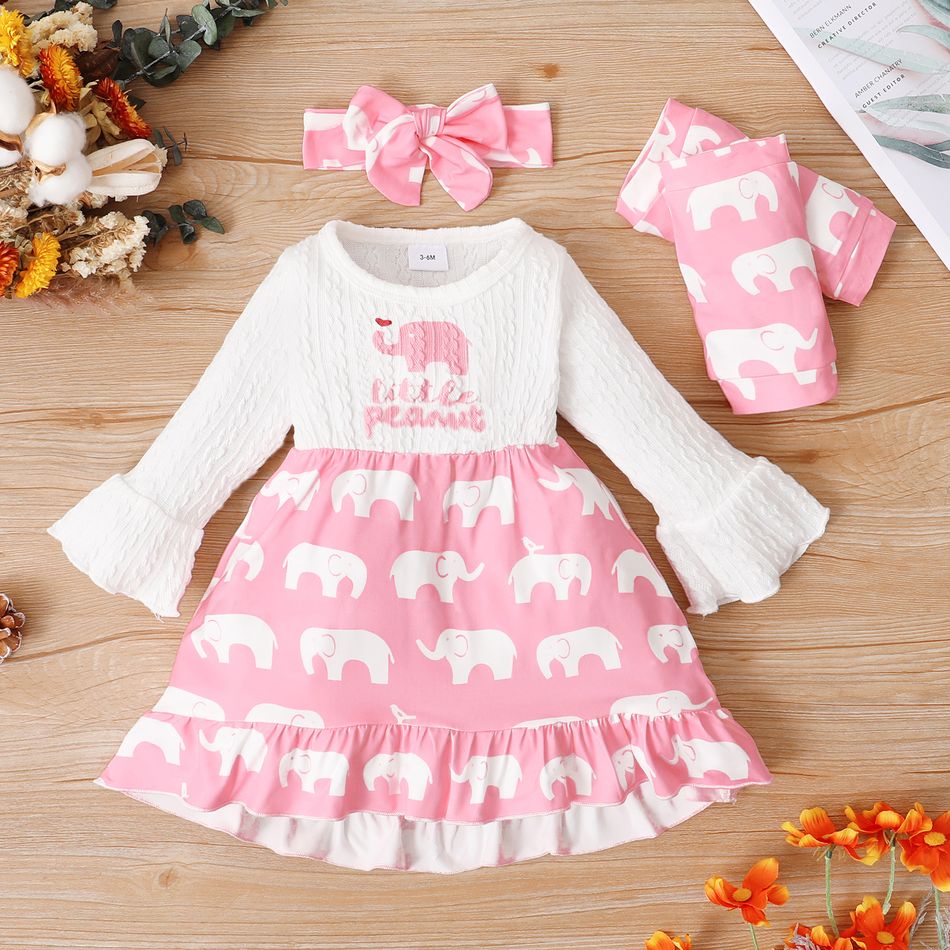 3pcs Baby Girl Pink Cartoon Elephant and Letter Print Long-sleeve Splicing Ruffle Dress Set Pink