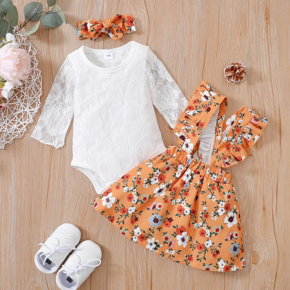 3pcs Baby Girl Lace Long-sleeve Romper with Floral Print Corduroy Suspender Skirt and Headband Set Ginger