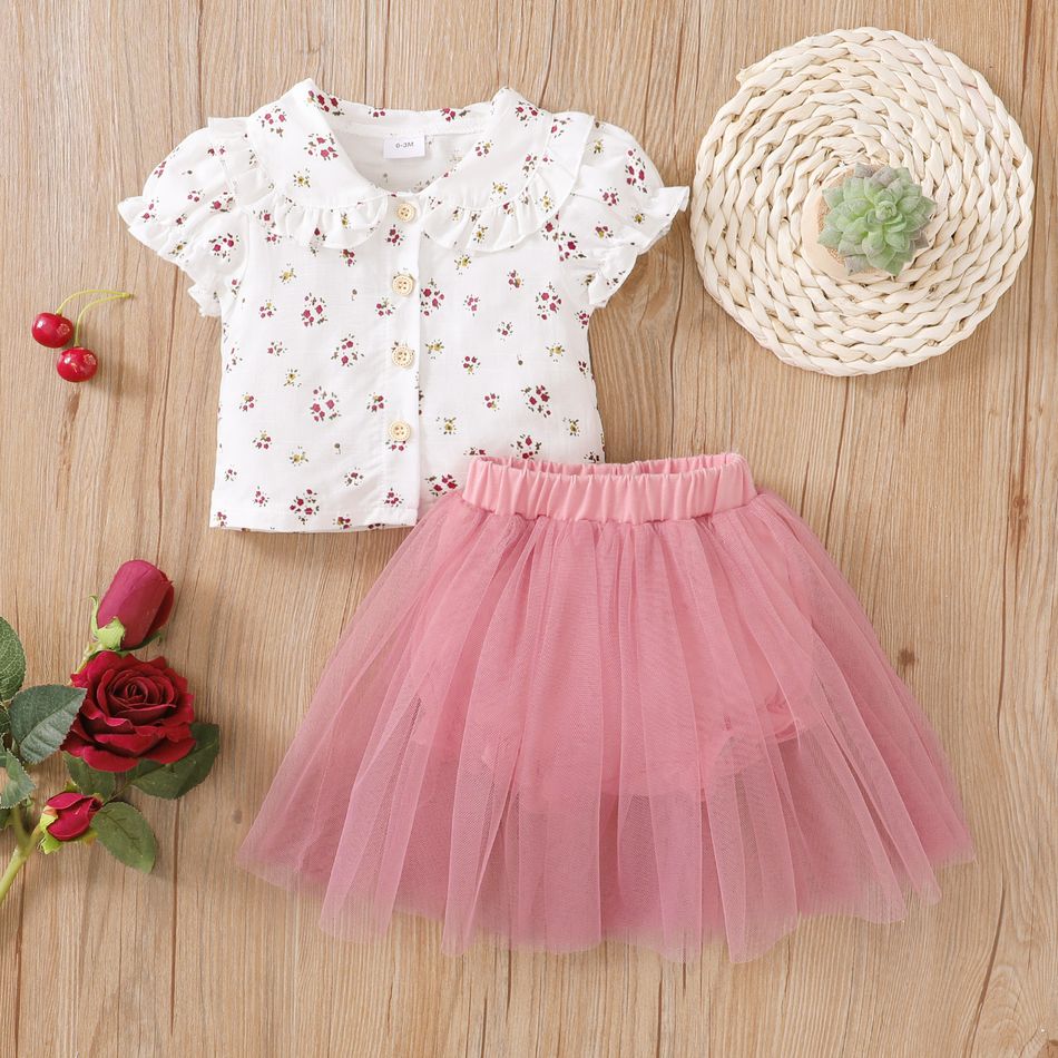 2pcs Baby Girl 100% Cotton Floral Print Peter Pan Collar Puff-sleeve Top and Mesh Shorts Set White