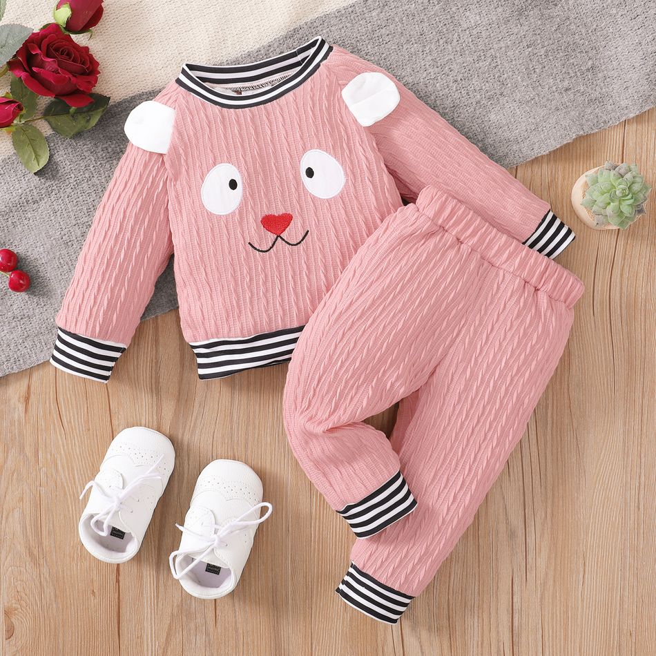 2pcs Baby Girl Pink Imitation Knitting Cartoon 3D Ears Long-sleeve Pullover and Trousers Set Pink