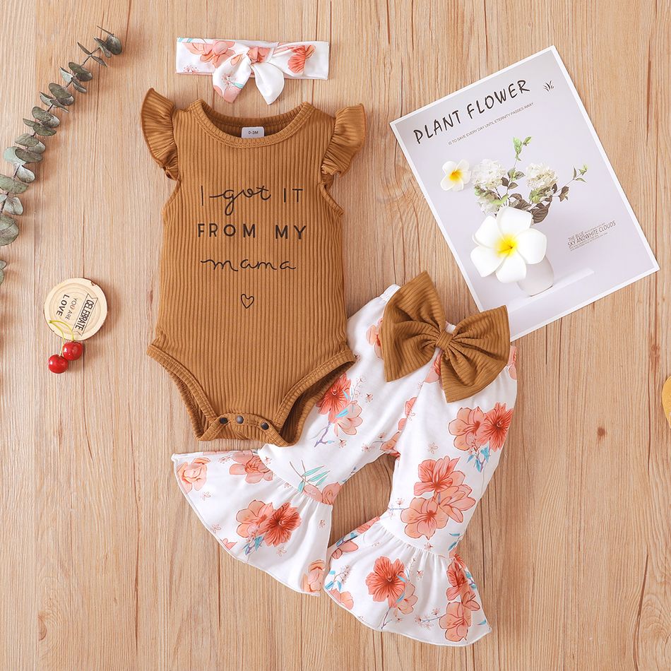 3pcs Baby Girl Letter Print Ribbed Flutter-sleeve Romper and Bowknot Floral Print Bell Bottom Pants with Headband Set Brown big image 1