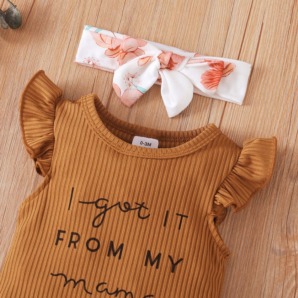 3pcs Baby Girl Letter Print Ribbed Flutter-sleeve Romper and Bowknot Floral Print Bell Bottom Pants with Headband Set Brown big image 3