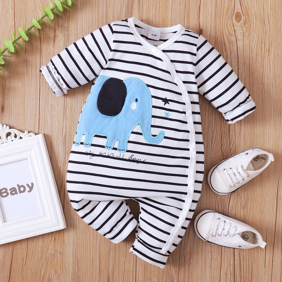 Baby Boy Cartoon Elephant Embroidered Striped Long-sleeve Snap Jumpsuit White