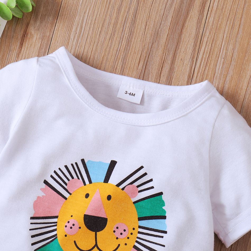 2pcs Baby Boy/Girl Cartoon Lion Print Short-sleeve T-shirt and Plaid Shorts Set White big image 3