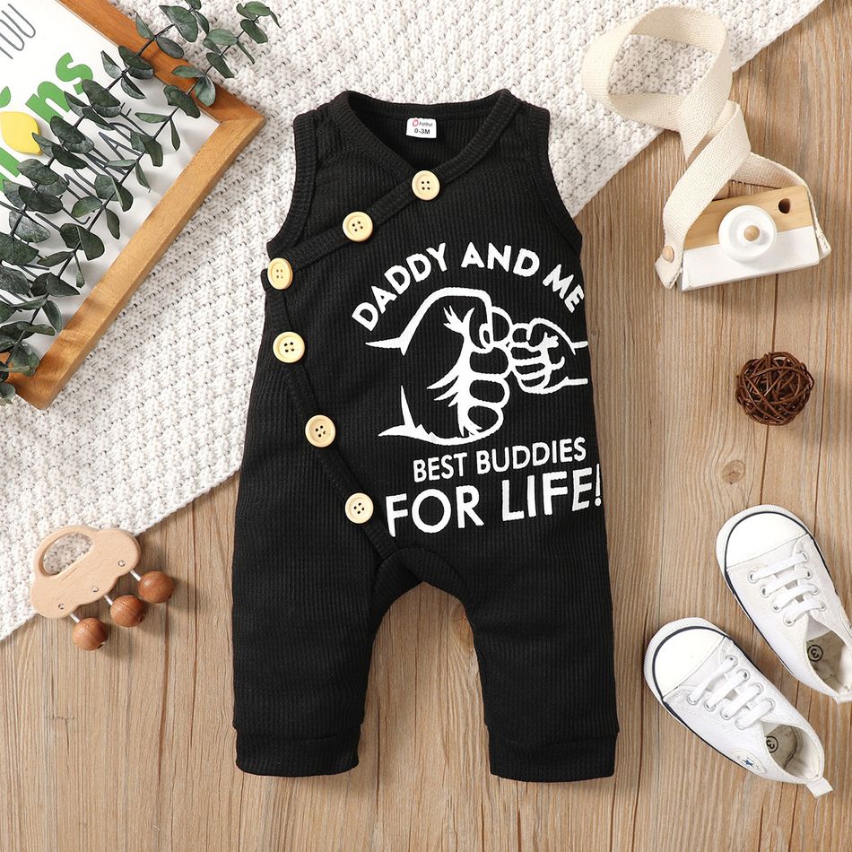 Father's Day Baby Boy/Girl Fist and Letter Print Black Waffle Sleeveless Button Jumpsuit Black
