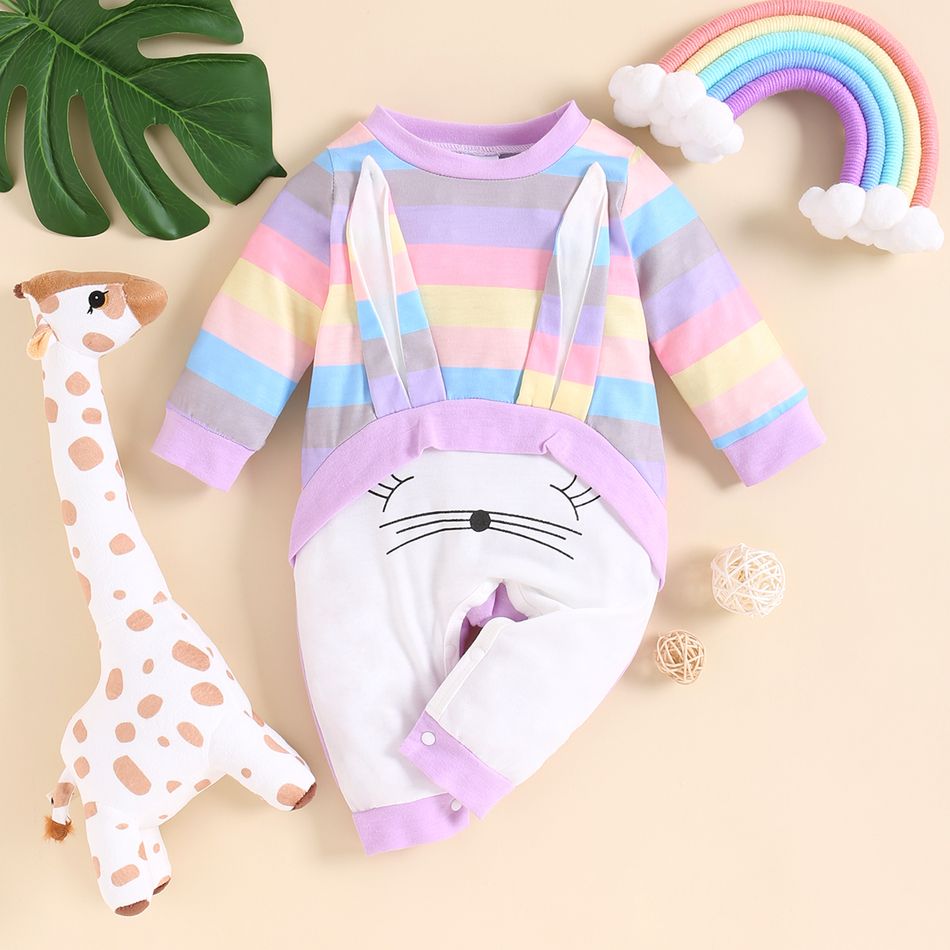 Summer Zoo Baby Bunny Faux-two Striped 3D Ear Long-sleeve Colorful Jumpsuit Multi-color