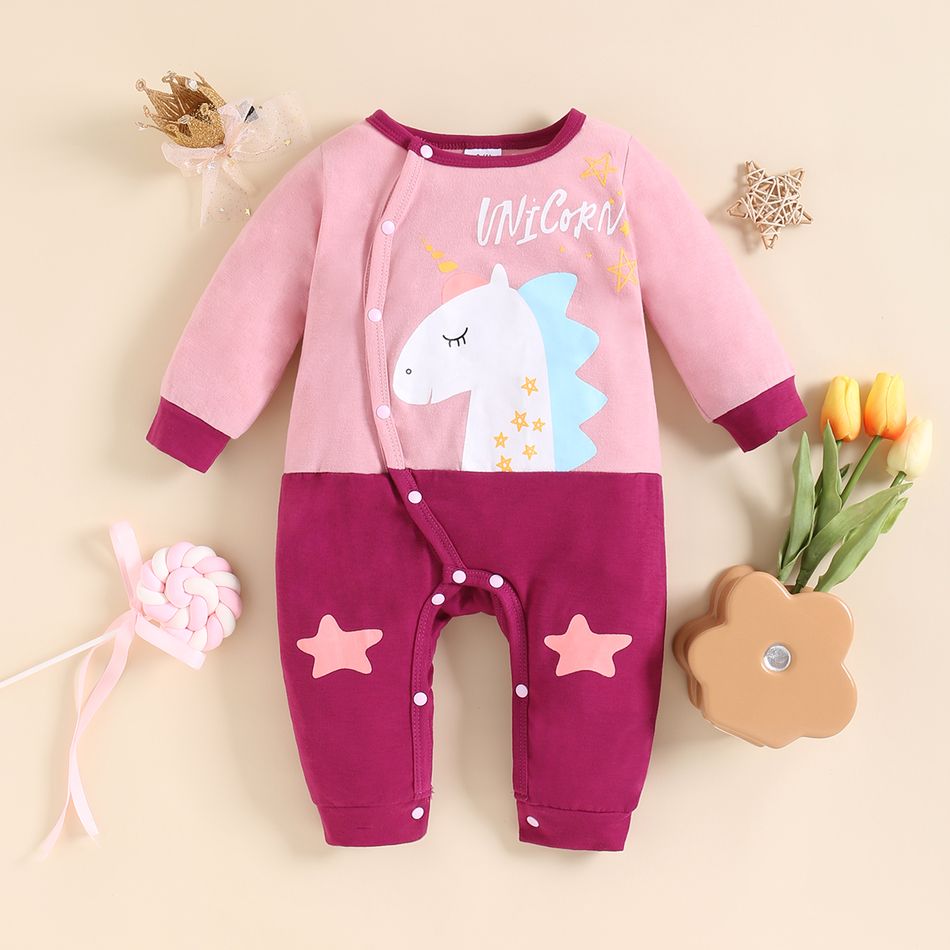 Summer Zoo Baby Unicorn Color Splice Long-sleeve Pink Jumpsuit Pink