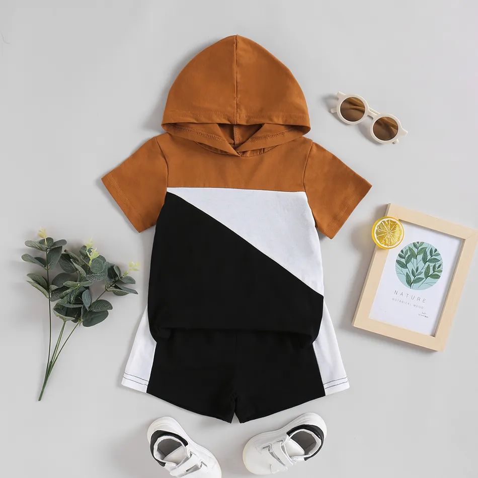 Ready For It Toddler Boy 2pcs Color Block Hooded Short-sleeve Top and Shorts Khaki Set Khaki