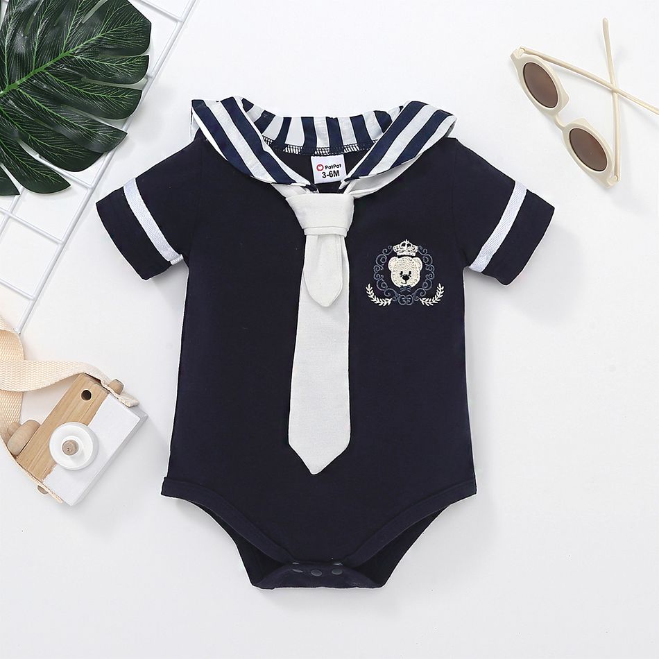 Baby Boy/Girl 95% Cotton Short-sleeve Sailor Collar Necktie Decor Bear Embroidered Romper Tibetanblue