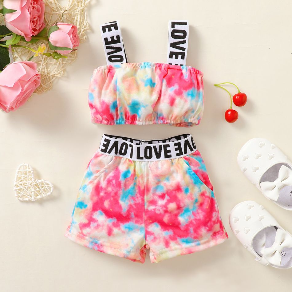 2pcs Baby Girl Letter Print Tie Dye Cami Crop Top and Shorts Set Multi-color