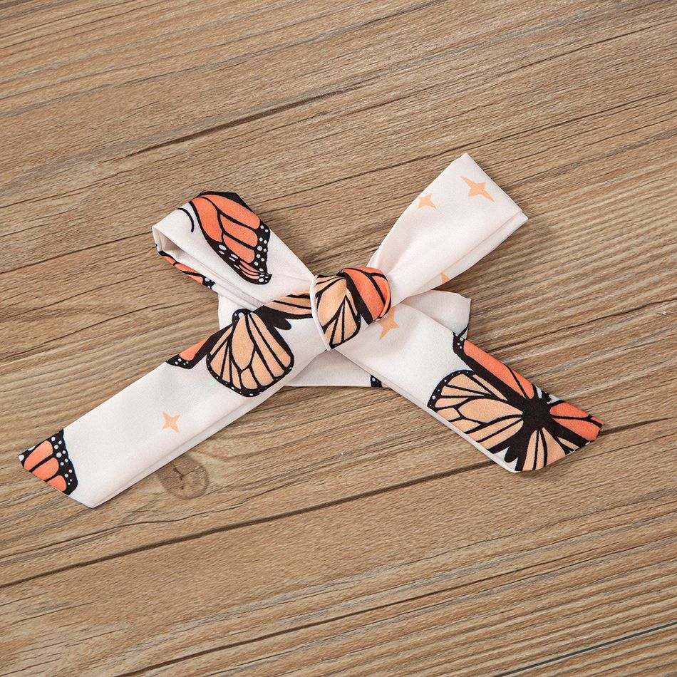 2pcs Baby Girl Rib Knit Ruffle Bowknot Spliced Butterfly Print Long-sleeve Dress with Headband Set Brown