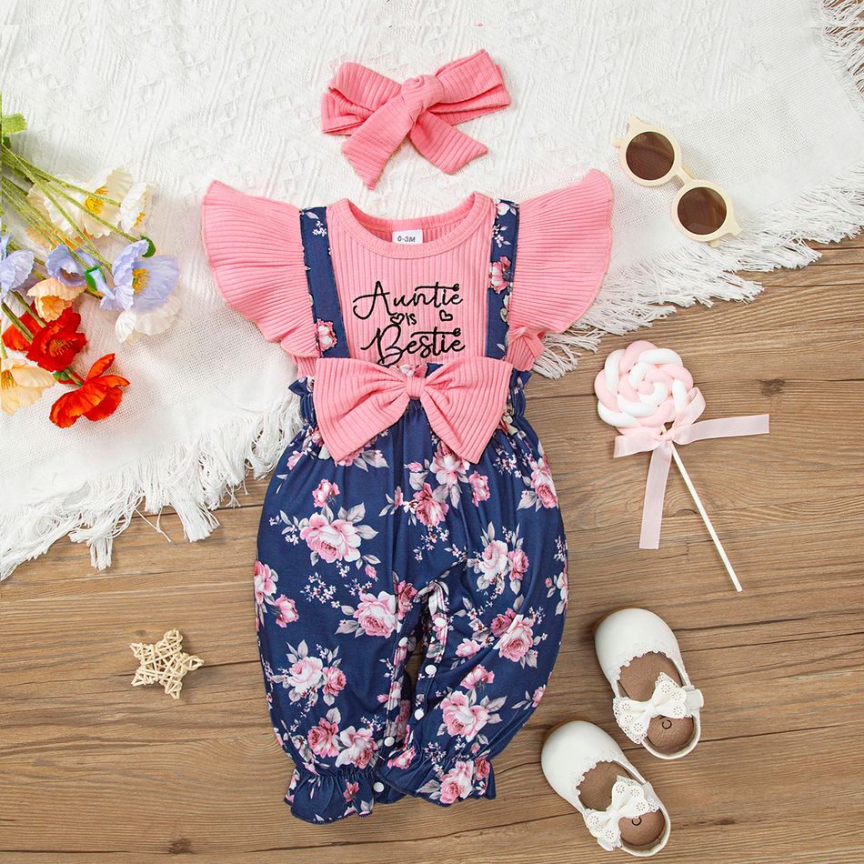 2pcs Baby Girl Letter Embroidered Rib Knit Flutter-sleeve Spliced Floral Print Jumpsuit with Headband Set Pink big image 1