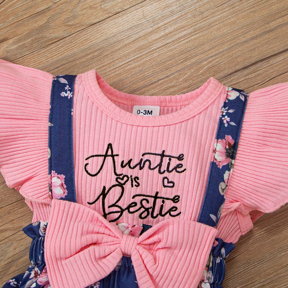 2pcs Baby Girl Letter Embroidered Rib Knit Flutter-sleeve Spliced Floral Print Jumpsuit with Headband Set Pink big image 4