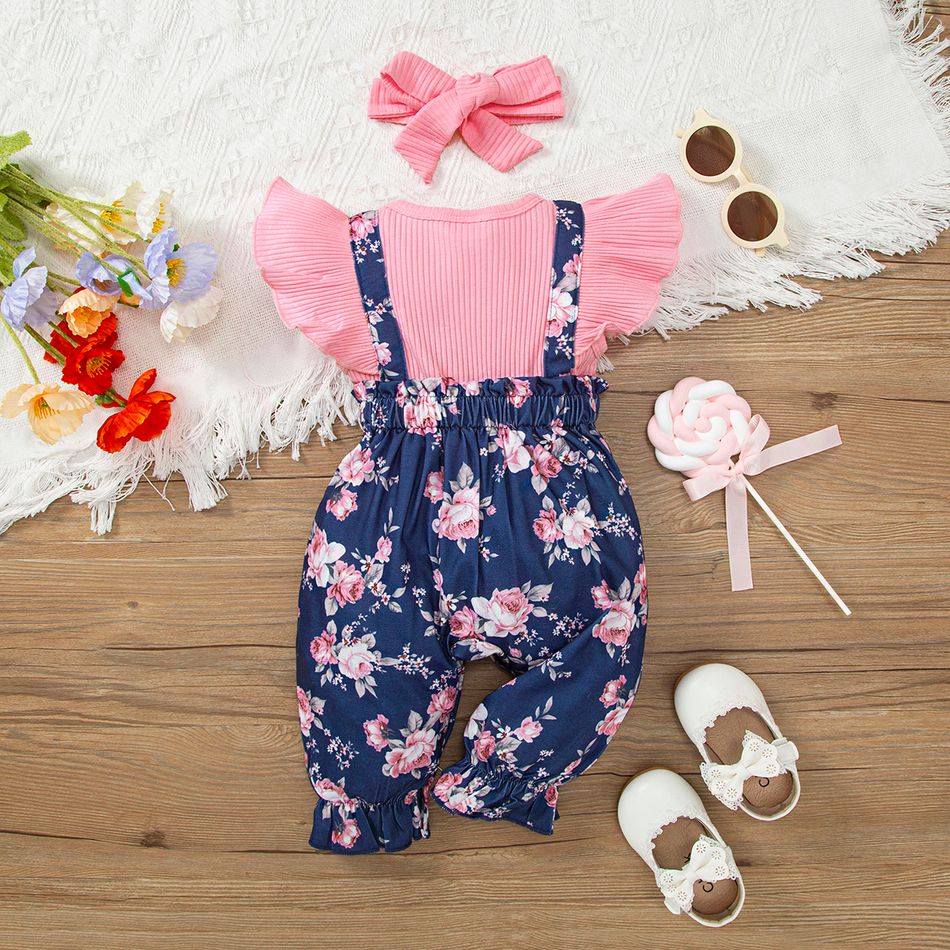 2pcs Baby Girl Letter Embroidered Rib Knit Flutter-sleeve Spliced Floral Print Jumpsuit with Headband Set Pink big image 2