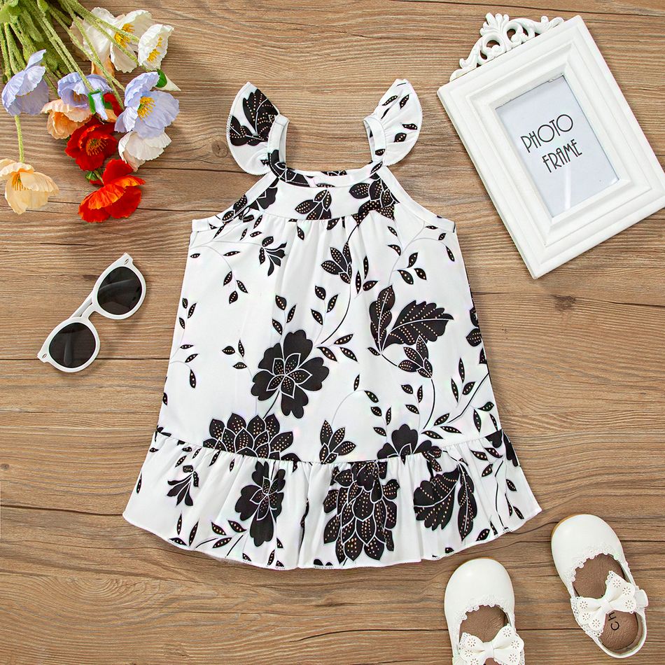 2-Pack Baby Girl 100% Cotton Crepe and Floral Print Flutter-sleeve Ruffle Hem Dresses Set BlackandWhite big image 3