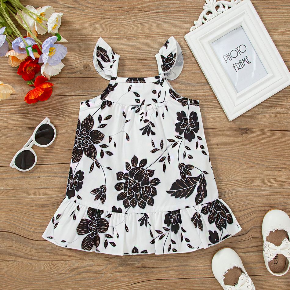 2-Pack Baby Girl 100% Cotton Crepe and Floral Print Flutter-sleeve Ruffle Hem Dresses Set BlackandWhite big image 4