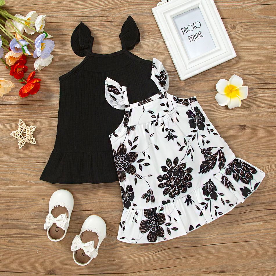 2-Pack Baby Girl 100% Cotton Crepe and Floral Print Flutter-sleeve Ruffle Hem Dresses Set BlackandWhite big image 2