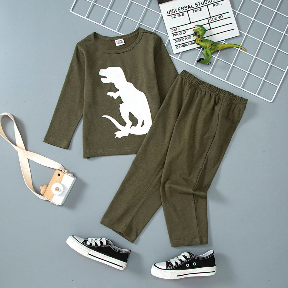 2-Pack 2pcs Toddler Boy Animal Dinosaur Print Long-sleeve Tee and Pants Set Army green big image 8
