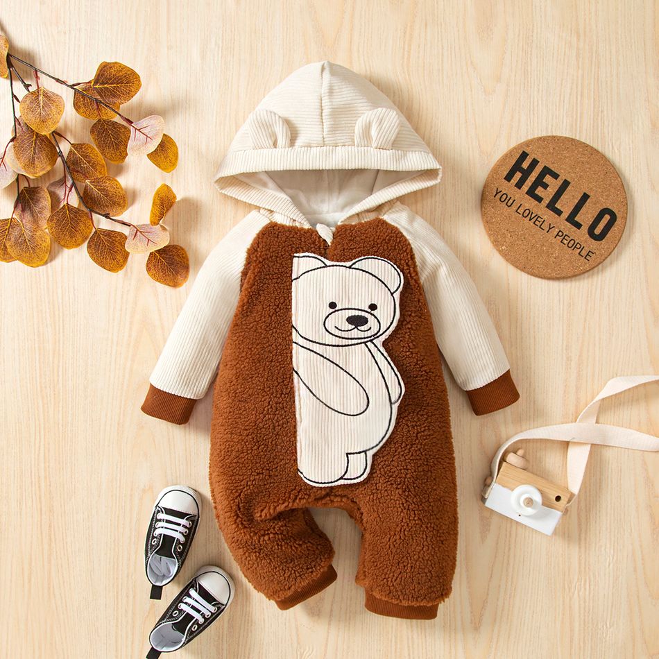 Baby Boy/Girl Bear Pattern Spliced 3D Ears Decor Hooded Long-sleeve Fleece Jumpsuit Brown
