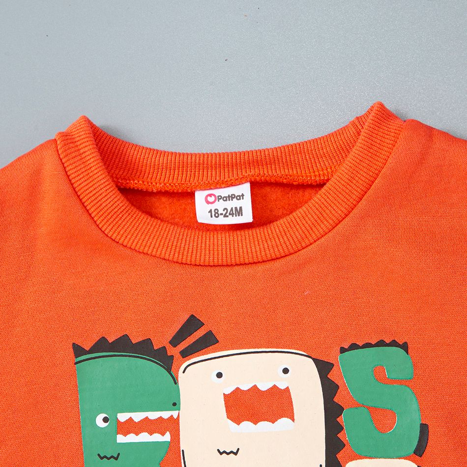 2pcs Toddler Boy Letter Dinosaur Print Pullover Sweatshirt and Spike Design Pants Set Brown big image 3
