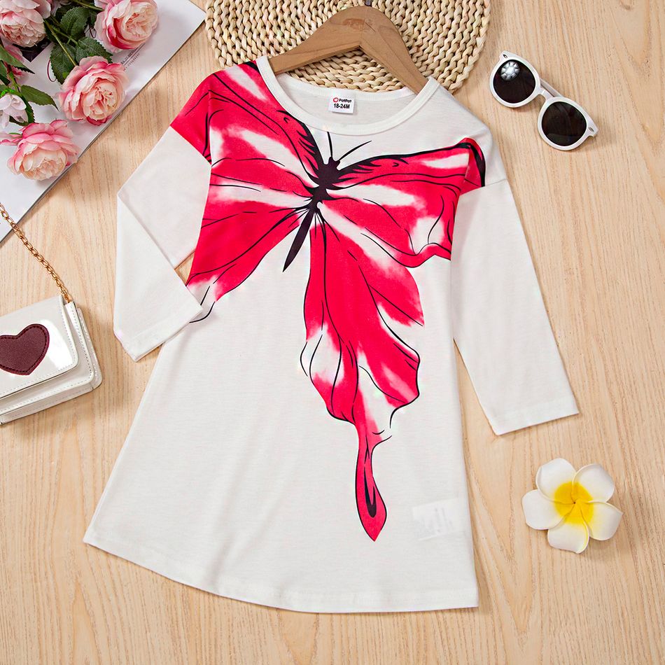 Toddler Girl Sweet Butterfly Print Long-sleeve Dress White