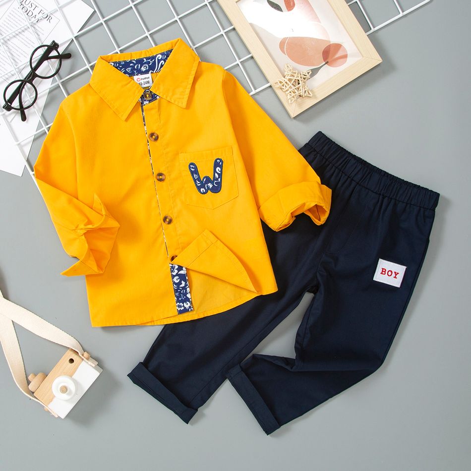 2-piece Toddler Boy Letter Applique Lapel Collar Long-sleeve Yellow Shirt and Solid Dark Blue Pants Set Yellow big image 1