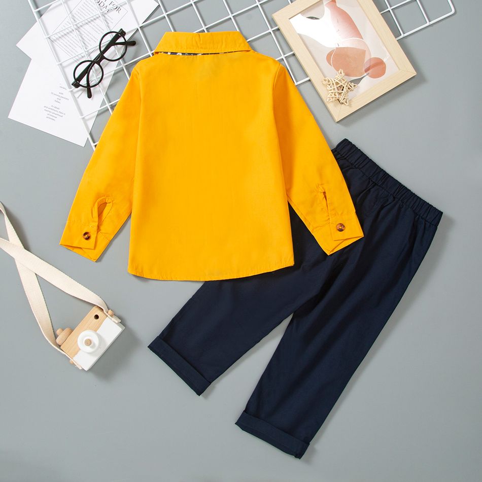 2-piece Toddler Boy Letter Applique Lapel Collar Long-sleeve Yellow Shirt and Solid Dark Blue Pants Set Yellow big image 2