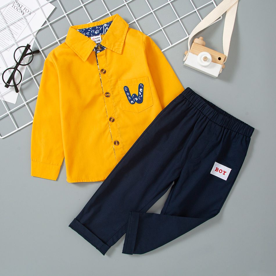 2-piece Toddler Boy Letter Applique Lapel Collar Long-sleeve Yellow Shirt and Solid Dark Blue Pants Set Yellow big image 3