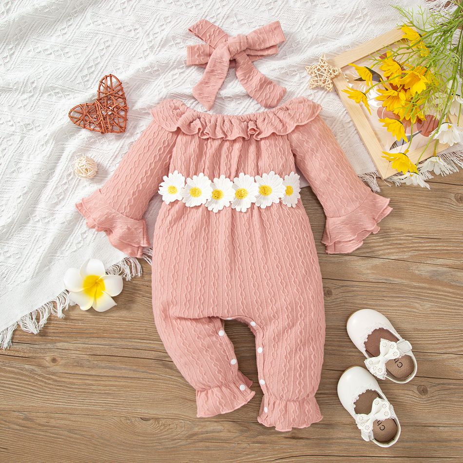 2pcs Baby Girl Applique Decor Pink Textured Ruffle Trim Bell-sleeve Jumpsuit with Headband Set Pink big image 1