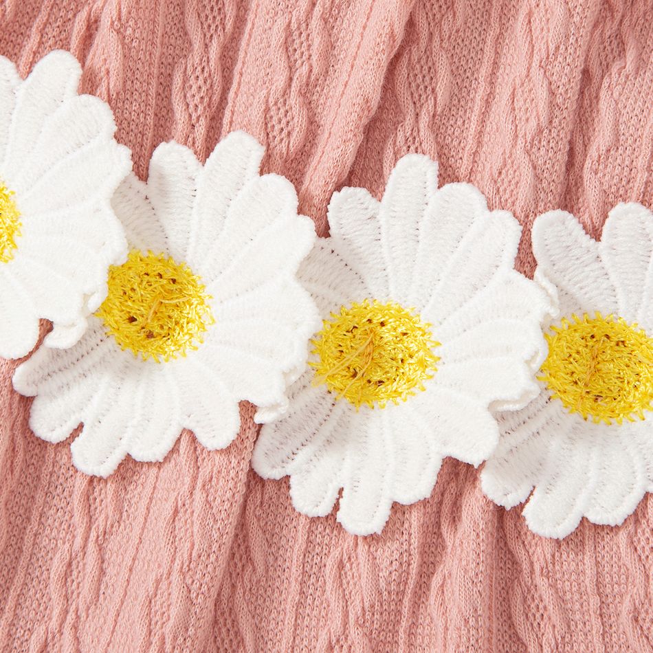 2pcs Baby Girl Applique Decor Pink Textured Ruffle Trim Bell-sleeve Jumpsuit with Headband Set Pink big image 4