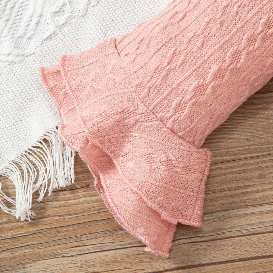 2pcs Baby Girl Applique Decor Pink Textured Ruffle Trim Bell-sleeve Jumpsuit with Headband Set Pink big image 5