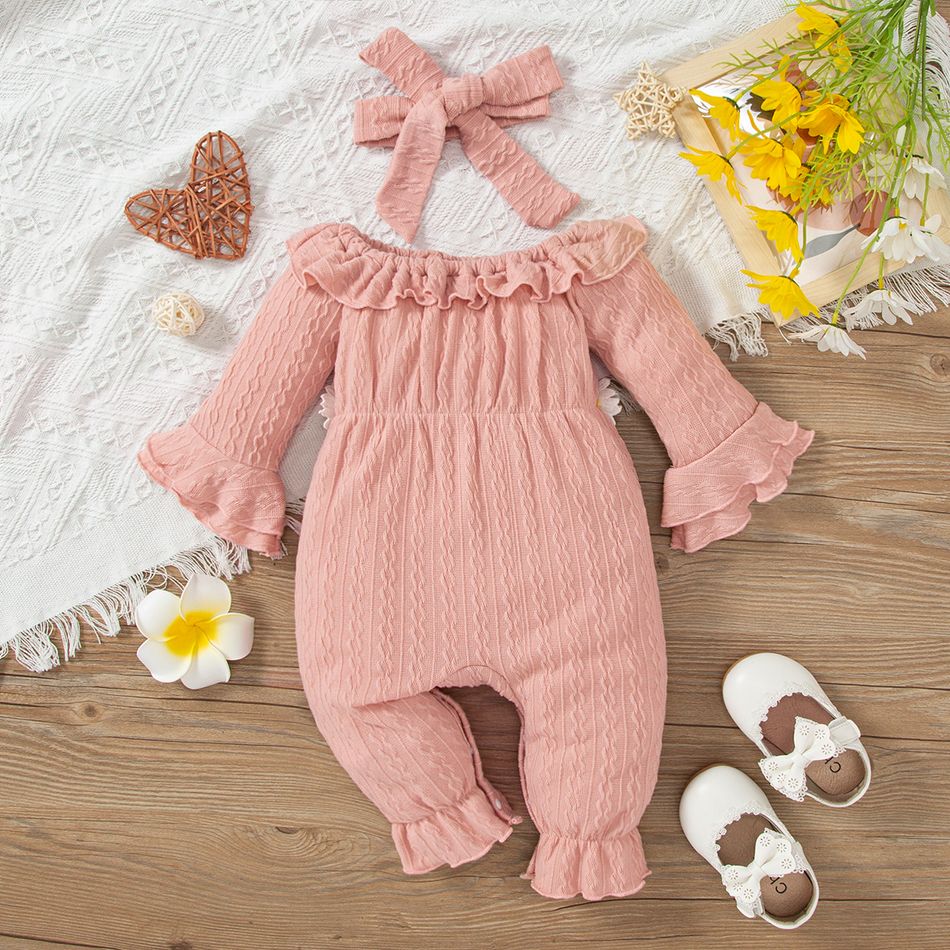 2pcs Baby Girl Applique Decor Pink Textured Ruffle Trim Bell-sleeve Jumpsuit with Headband Set Pink big image 2